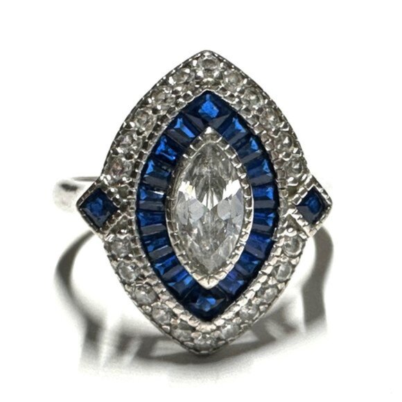 Jewelry - Art Deco Style Marquise Blue White Cubic Zirconia Cocktail Ring Sterling Size 7